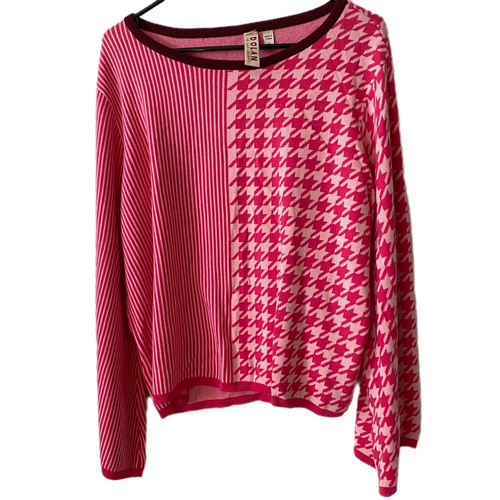 dolan Anthropologie Pink Houndstooth & Stripe Long Sleeve Knit Sweater Size 1X